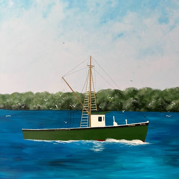 Painting of a green fishing boat named "RITA" on blue water with a green treeline and blue sky.