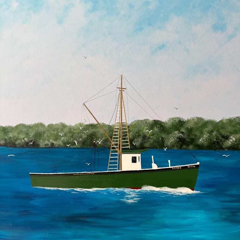 Painting of a green fishing boat named "RITA" on blue water with a green treeline and blue sky.