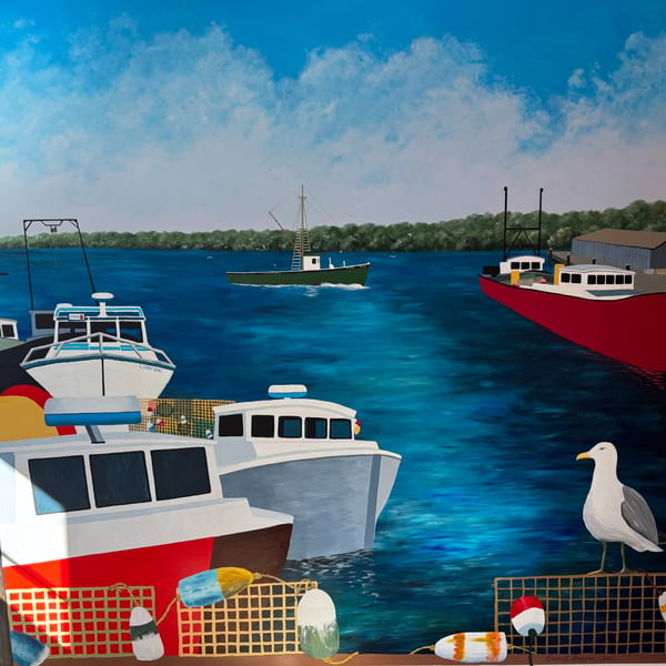 Painting of fishing boats, lobster traps, and buoys in a harbor with a seagull.